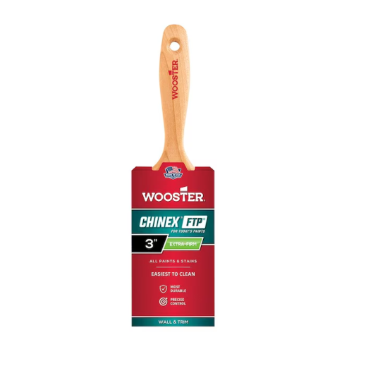 The WOOSTER 3 in. Chinex FTP Varnish Paint Brush features a wooden handle, red packaging, and precision-tipped bristles for all paints and stains. Its extra stiff design ensures easy cleaning and precise control, making it ideal for varnishing tasks.